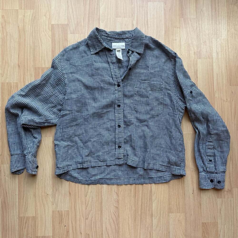 Jones New York Black White Gingham 100% Linen Long Sleeve Button Down Shirt